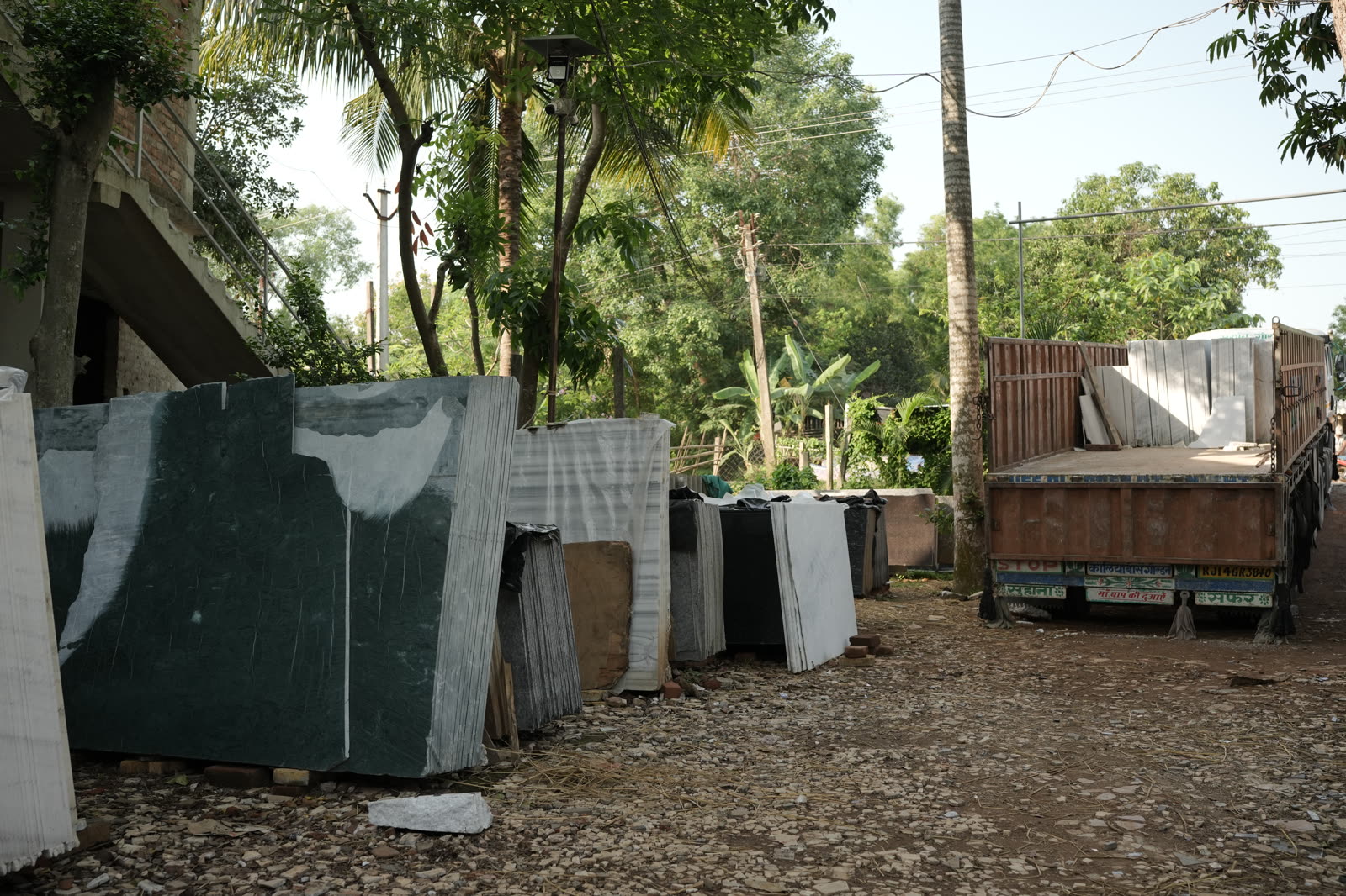 Granite and marble slabs in the yard